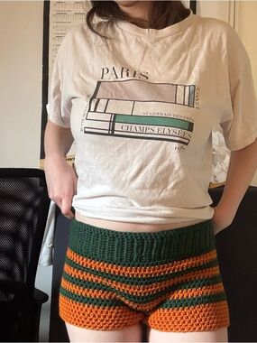 Handmade Crochet mid-Waist Shorts in Green & Orange
